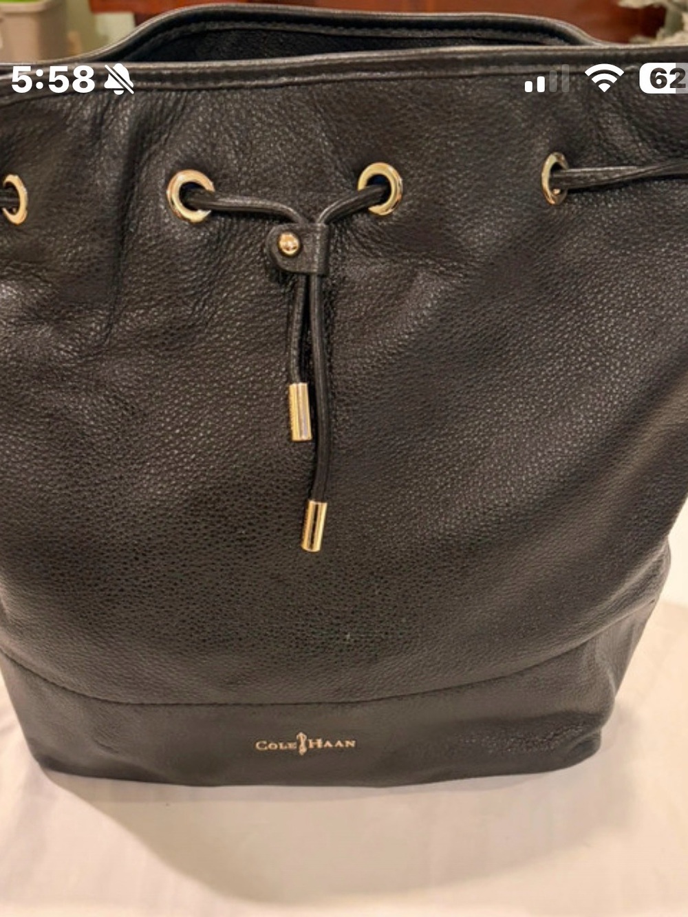 Cole Haan Black Pebbled Leather Drawstring Shoulder Bag with Gold Hardware
